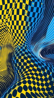 Colorful abstract art with wavy checkered patterns in yellow and blue creating an optical illusion,