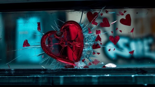 Red heart shattered with broken glass pieces exploding, set against a blue urban background, AI