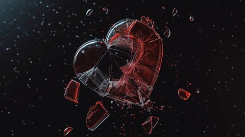 Shattering glass heart against a dark background with red fragments flying, symbolizing sudden