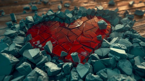Fragmented red heart encircled by stones on a wooden surface evokes a sense of vulnerability, AI