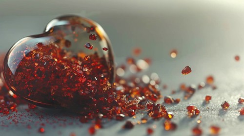 Glass heart filled with tiny red crystals, scattering onto a smooth surface with soft lighting, AI
