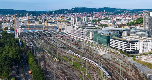 Track apron at the main station with ICE and regional train. After completion of the Stuttgart 21