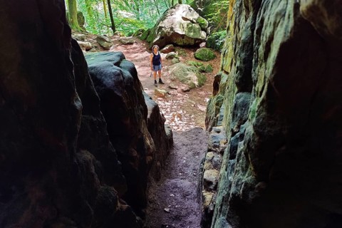 View from a crevice onto the Teuflische Acht hiking trail, Naturpark Südeifel, Irrel, Eifel,