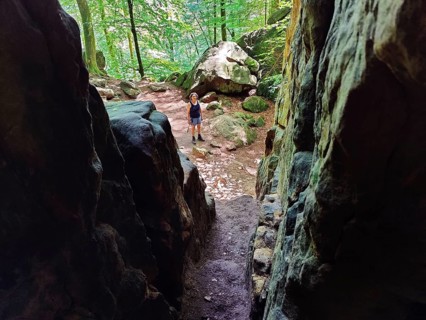 View from a crevice onto the Teuflische Acht hiking trail, Naturpark Südeifel, Irrel, Eifel,