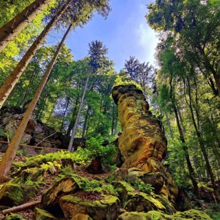 Rock tower on the Teuflische Acht hiking trail, Ferschweiler Plateau, Naturpark Südeifel, Irrel,
