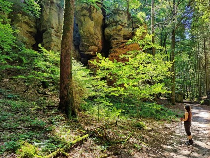 Bizarre red sandstone rock landscapes in the Sauerschweiz, Southern Eifel nature park Park, hiking