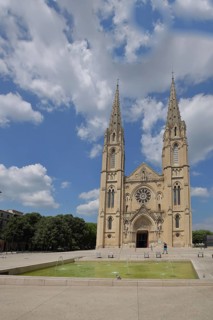 Neo-Gothic St-Baudile church built in 1877, water basin, Nîmes, Gard, Provence, France, Europe