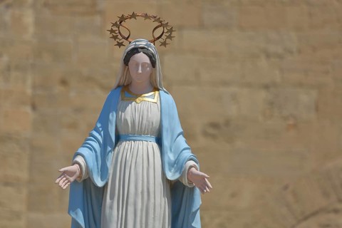 White statue of the Virgin Mary with crown and halo, detail, St-Sauveur church, Fos-sur-Mer,