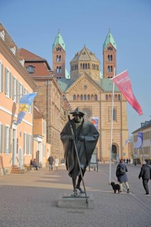Sculpture Pilgrim by Martin Mayer 1990 and UNESCO Cathedral, St James' Pilgrim, Pilgrims' Way,