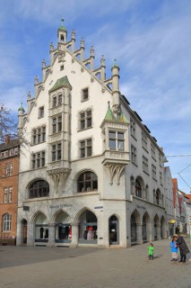 Historic building with oriel and decorations, tail gable, harbour bath, Münsterplatz, Ulm,