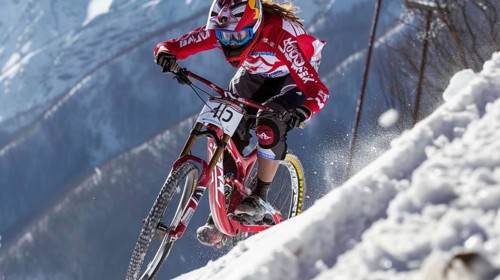 Mountain biker speeding down a snowy slope, dressed in protective gear and helmet, with snow-capped
