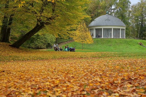 Family outing at a picnic at the historic carousel with autumn colours, park, fallen leaves, leaf