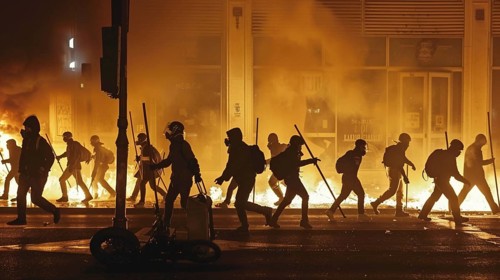 Silhouettes of people with sticks move through fiery and smoky street at night during a city riot,