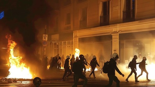 Nighttime urban scene with protesters and police amidst fires and chaos, AI generated