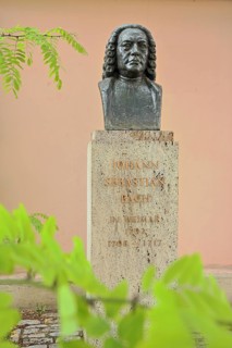 Johann Sebastian Bach monument with bust, inscription, bronze, pedestal, Platz der Demokratie,