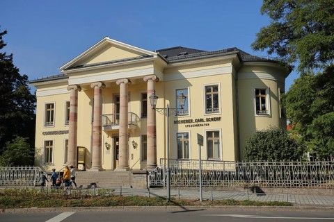 Classical Small Palace built in 1821, columns, arcade, Commerzbank, Meiningen, Thuringia, Germany,