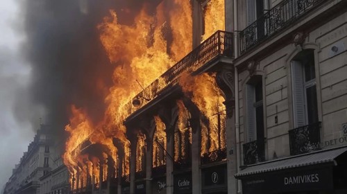 A large fire engulfing the facade of a city building, emitting thick smoke, AI generated