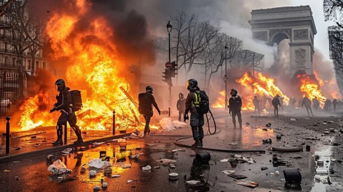 Riot police in a chaotic street filled with flames, debris and the Arc de Triomphe in the