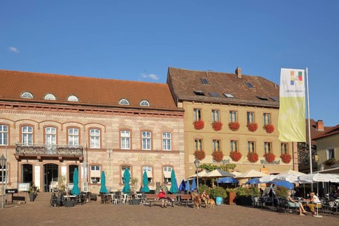 Market square with flag and street pub, Hammelburg, Lower Franconia, Franconia, Bavaria, Germany,
