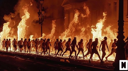 Group of people walking past towering flames at night, creating a dramatic scene of chaos, AI