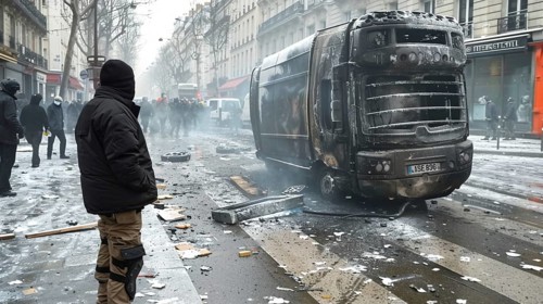 Crowded city street with a charred truck and scattered debris amid a tense protest environment, AI