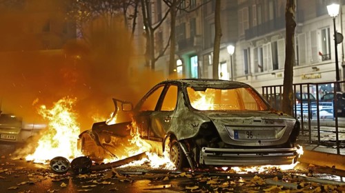 Car consumed by flames on a nighttime urban street, with smoke and surrounding debris, AI generated