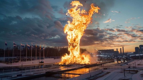 Massive fire and explosion at an industrial site during the twilight hours, creating a dramatic