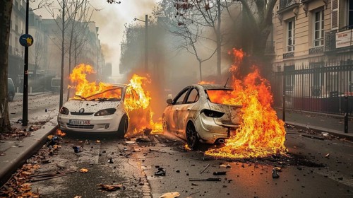 Two cars engulfed in flames on a city street, with debris scattered around and a smoky atmosphere,