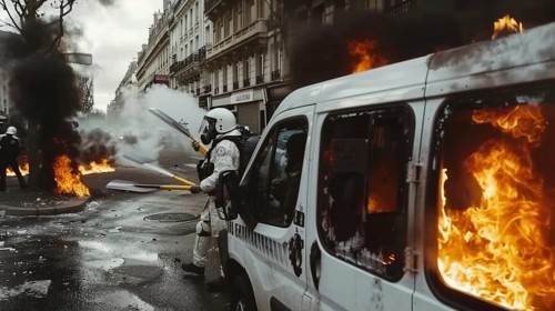 Riot police near a burning van in a chaotic urban scene with smoke and flames, AI generated