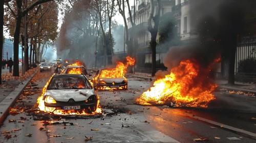 Street filled with burning cars during a protest, with intense flames and smoke, AI generated