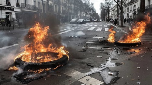 Burning tires set ablaze on an urban street during a chaotic protest, AI generated