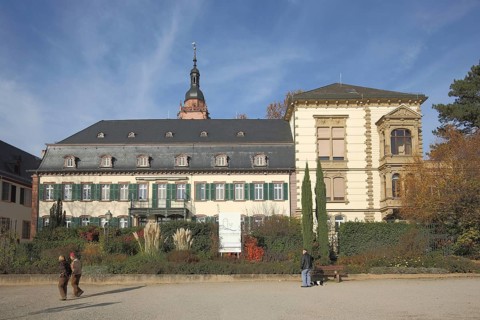 Rose House and church tower of St Peter and Paul, villa, people, Rhine promenade, Montrichard