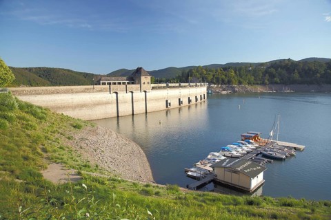 Eder dam with marina and boats, low water, dam wall, shore, landscape, Edersee, Hesse, Germany,