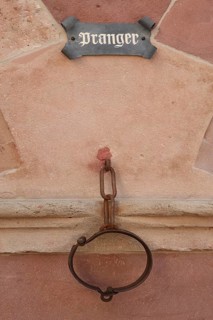 Historical pillory, pillory post, inscription, chain, fittings, metal ring, metal, ring, Middle