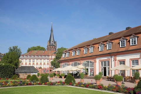 Baroque orangery with pleasure garden and castle tower, Erbach, Hesse, Odenwald, Germany, Europe