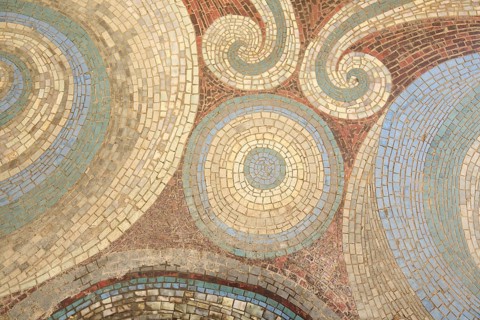 Round floor mosaic with volutes, decorations, handicraft, detail, circles, round, pattern, red,