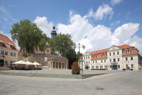 Market square with old guardhouse, castle, Sondershausen, Thuringia, Germany, Europe