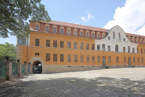 Classicist castle, inner courtyard, tail gable, yellow, inner courtyard, Sondershausen, Thuringia,