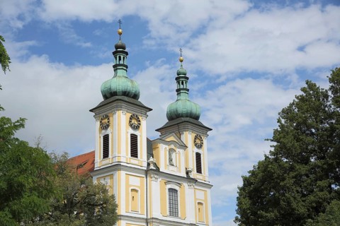 Towers of baroque St. Johann Church, twin towers, Donaueschingen, Southern Black Forest, Black