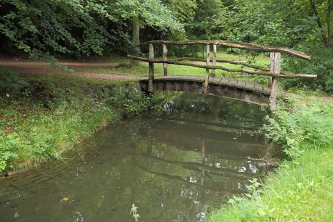 Wooden bridge in the castle park, stream, idyll, footbridge, Donaueschingen, Baden-Württemberg,
