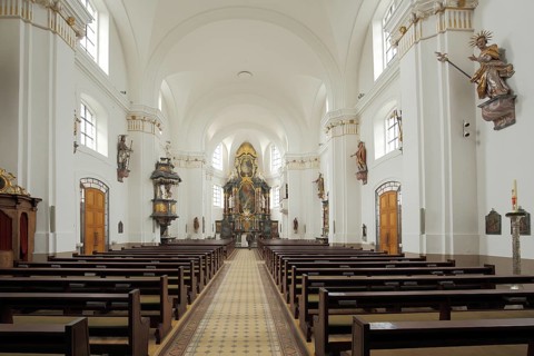 Interior view of the baroque St. Johann Church, pulpit and altar with painting, Donaueschingen,