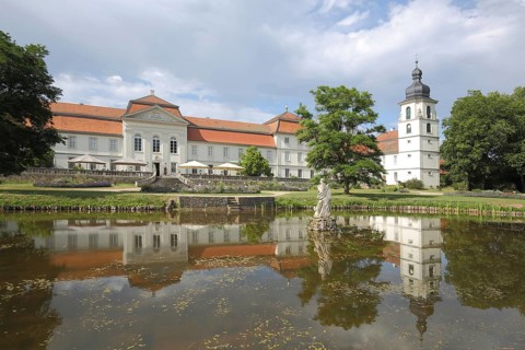 Baroque Fasanerie Castle with pond and statue in the water and castle garden, reflection, Fasanerie