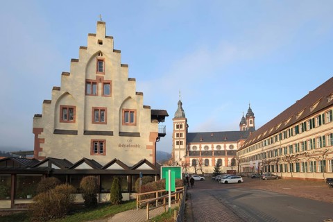 Historic Cafe Schlossmühle and Benedictine monastery, monastery complex, Amorbach, Odenwald,