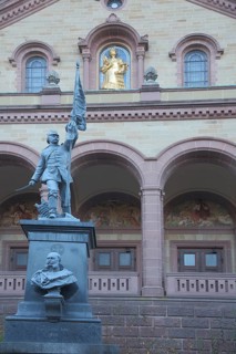 Monument with statue of Otto von Bismarck in front of St Laurentius Church, Weinheim, Bergstrasse,