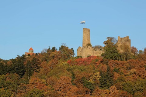 Windeck Castle and Wachenburg with autumn forest, Weinheim, Bergstrasse, Baden-Württemberg,