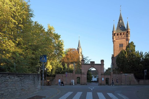 Neo-Gothic castle with castle tower, archway, Weinheim, Bergstrasse, Baden-Württemberg, Germany,