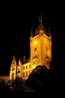 Neo-Gothic castle, Weinheim, night shot, night, lighting, Bergstrasse, Baden-Württemberg, Germany,