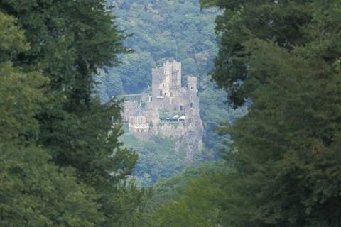 View down from the UNESCO Osteinsche Park magic cave to Rheinstein Castle on the Rhine,
