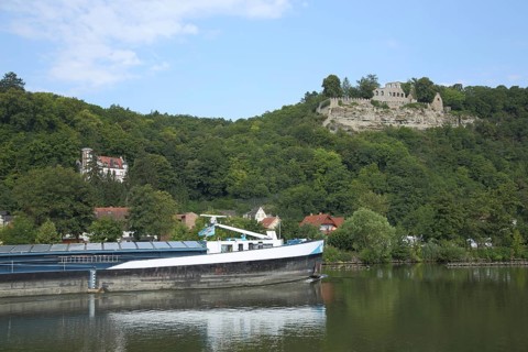 Karlsburg Castle with Steinbrück Castle and cargo ship on the Main, Villa, Karlstadt, Lower