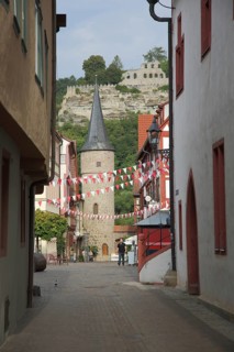 Maingasse with view of Main Gate and Karlsburg Castle, City Tower, Karlstadt, Lower Franconia,